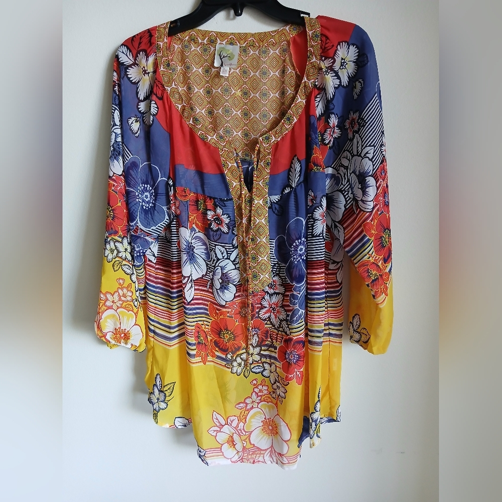 Figueroa & Flower Top Womens 2X Yellow Blue Sheer Floral Print Blouse Tie Neck